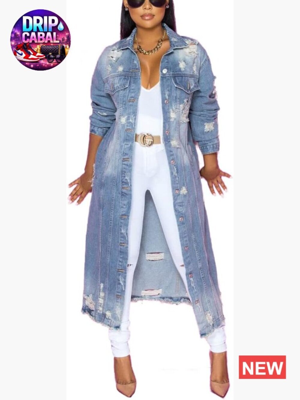 Distressed Ripped Denim Trench Coat Long Jean Jacket Frayed Hem Button Front
